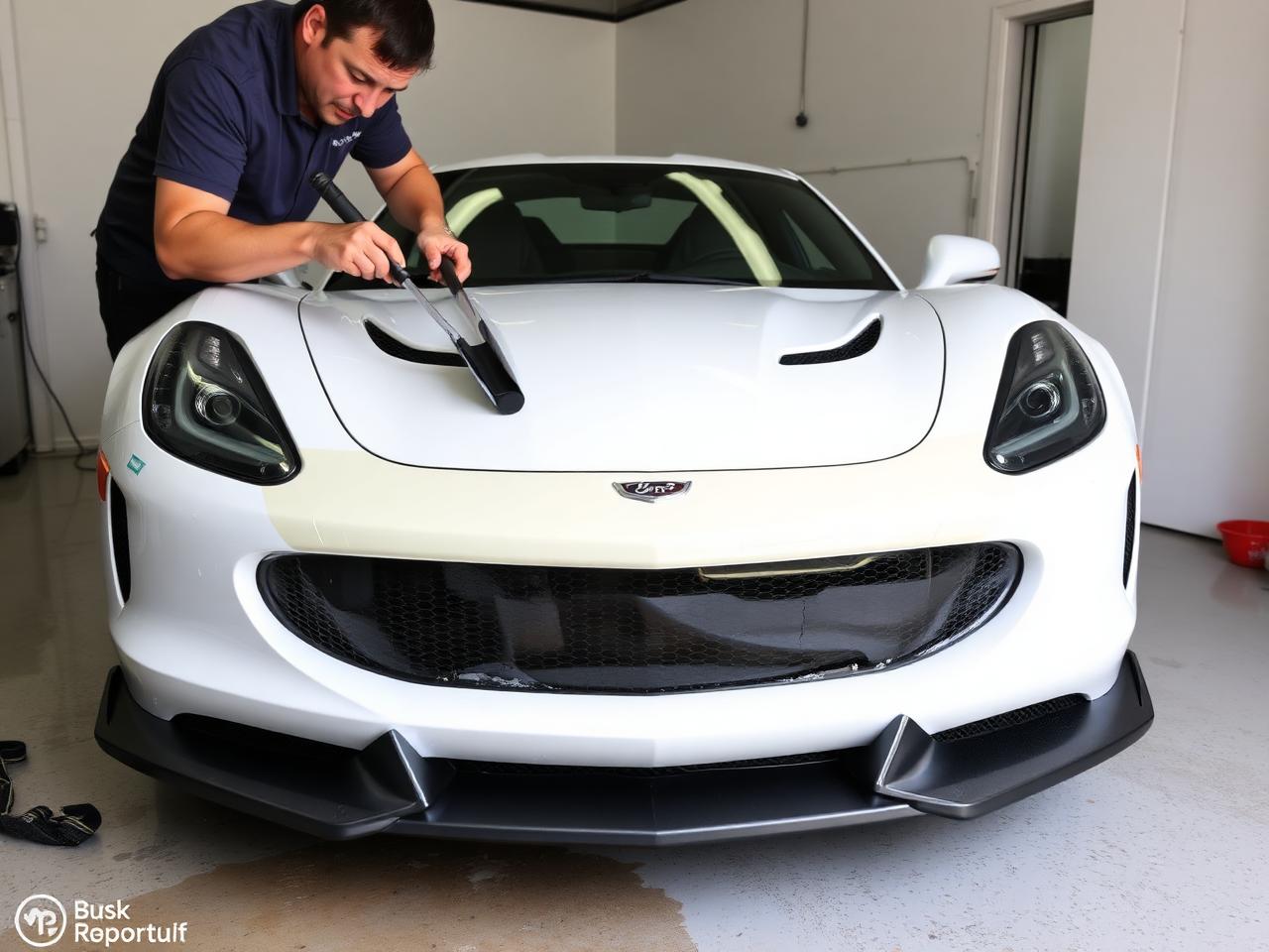 PPF film being squeegeed onto a white sports car bumper